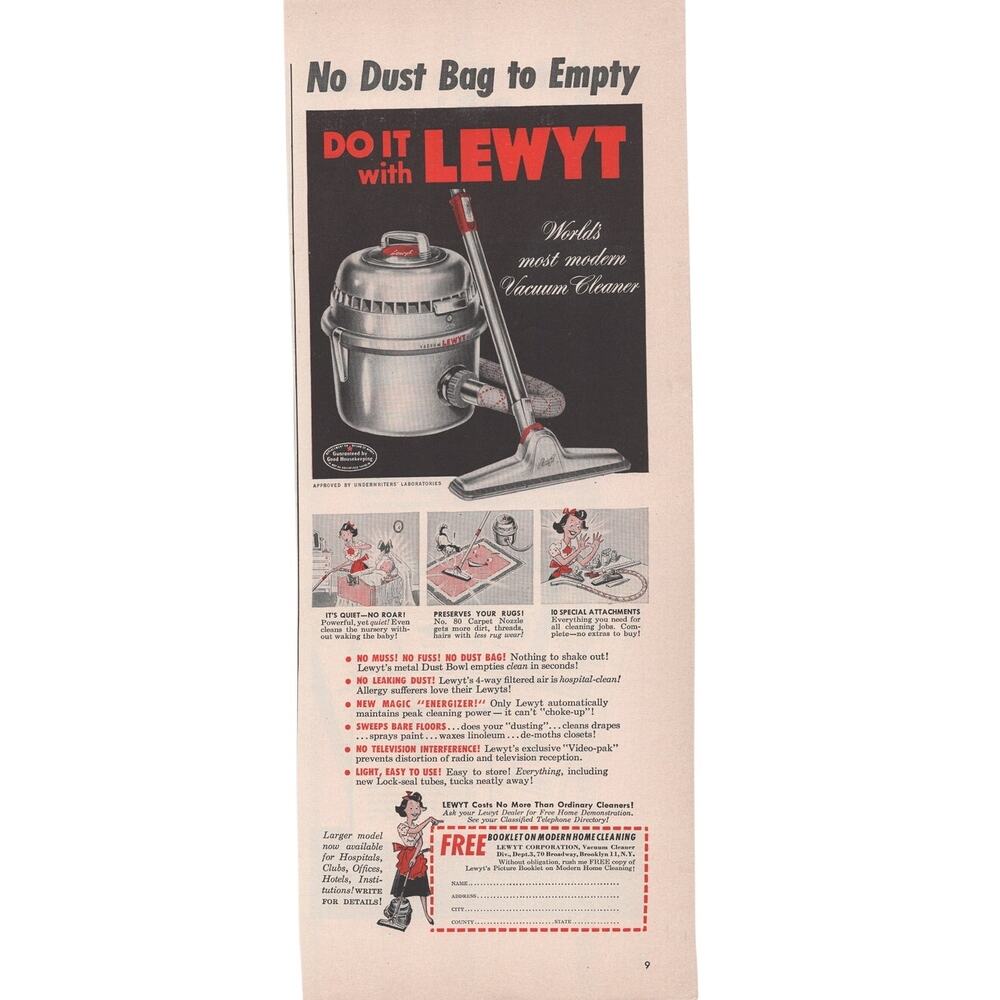 Lewyt Vacuum / America Fore Insurance Group Advertisement 1950s Vintage Home